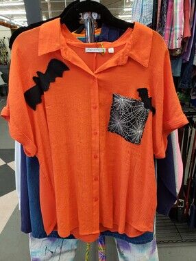 Upcycled Bat Bats Spiderweb Halloween October Button Front Top
